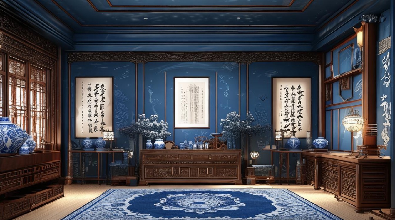 蓝色中式装修效果图