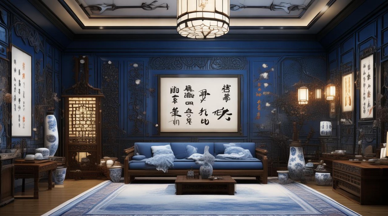 蓝色中式装修效果图